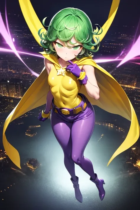 Masterpiece, best quality, ultra detailed, illustration, epic lighting, cinematic composition, 1 girl, Tatsumaki, short hair, green hair, very small breasts, green eyes, bright eyes, blushing, closed mouth, piercing gaze, full body , Hands with yellow star...