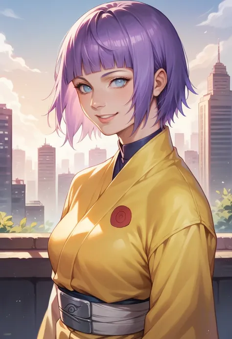 1girl, himawari anime naruto shipudden, short hair , purple hair, blue eyes, beautiful, yellow clothes, smile, realistic clothes, detail clothes, city background, ultra detail, realistic