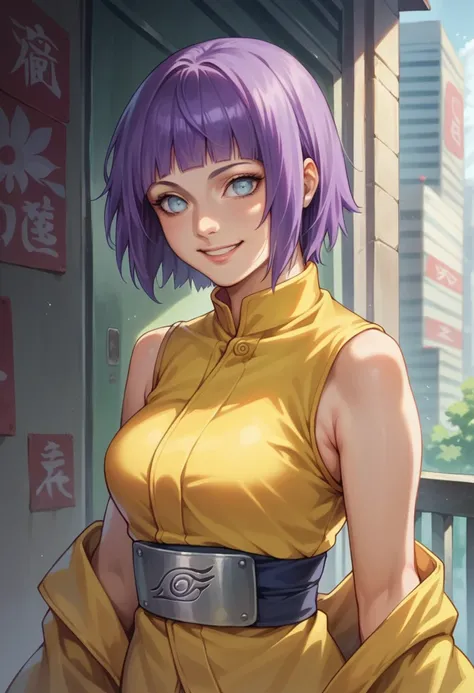 1girl, himawari anime naruto shipudden, short hair , purple hair, blue eyes, beautiful, yellow clothes, smile, realistic clothes, detail clothes, city background, ultra detail, realistic