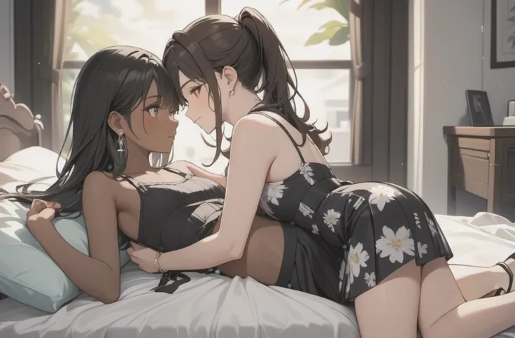 ((Two woman))one with pleated skirt, sleeveless top, other with floral dress, black and brown eyes, (((two woman with brown skin))), long wavy black hair, wearing high heel sandals, both lying on bed, cute smile, bedroom background, high quality, masterpie...