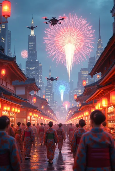 In a traditional Japanese festival scene、While the festival participants wear kimonos、Drones deliver food to food stalls、Digital fireworks launched into the night sky using AR technology。Lanterns and drums are decorated with neon lights.、Futuristic citysca...