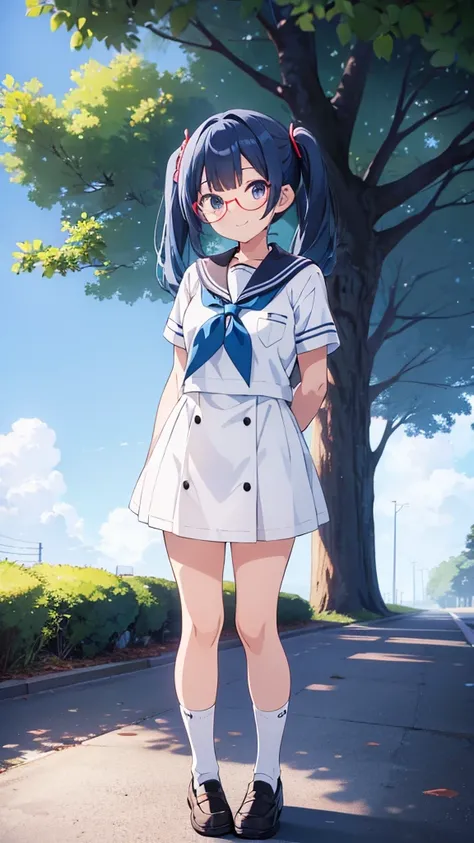 Anime girl standing with her arms folded behind her back　Twin tails　Glasses　White crew socks　Black loafers and sailor suit　Blue Hair　smile　Leaning against a row of trees　8K resolution