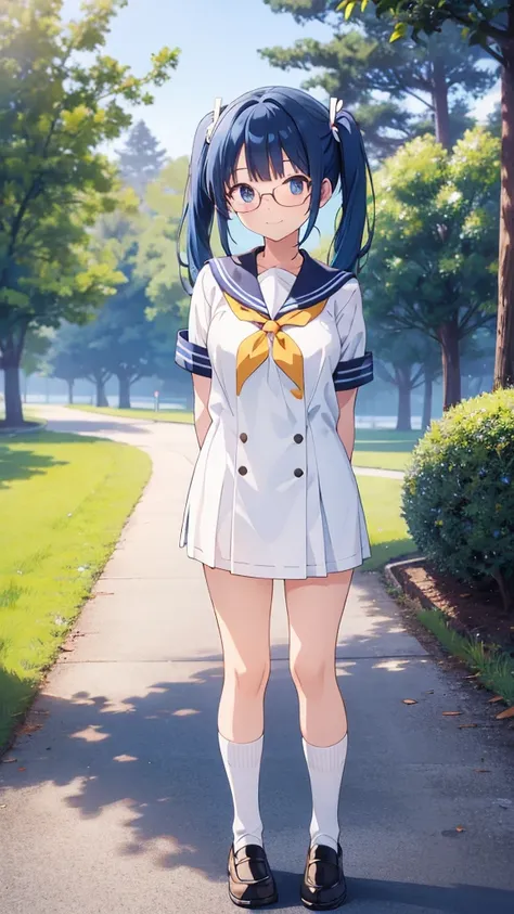 Anime girl standing with her arms folded behind her back　Twin tails　Glasses　White crew socks　Black loafers and sailor suit　Blue Hair　smile　Leaning against a row of trees　8K resolution