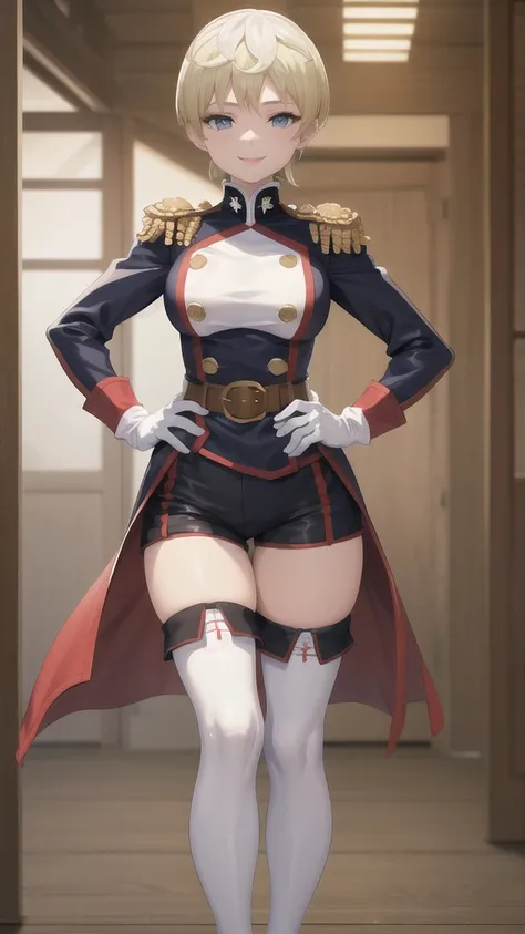 masterpiece, best quality, absurdres, perfect anatomy, 1girl, solo, TenkaIzumo, military uniform, coat, black shorts, epaulettes, brown belt, thigh boots, white gloves, smile, hands on hips, indoors, 