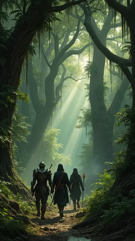 A dense and mysterious tropical forest, with equatorial trees. Three heroes are entering the forest backwards, each with a unique look: a warrior with heavy armor and a shining sword, an agile archer with a decorated bow and arrows, and a wizard with a dar...