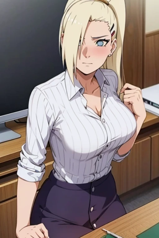 Ino Yamanaka from the Naruto anime wearing a white striped button-down dress-style shirt with a low neckline. She is in her office. Leaning on a desk (blushing)