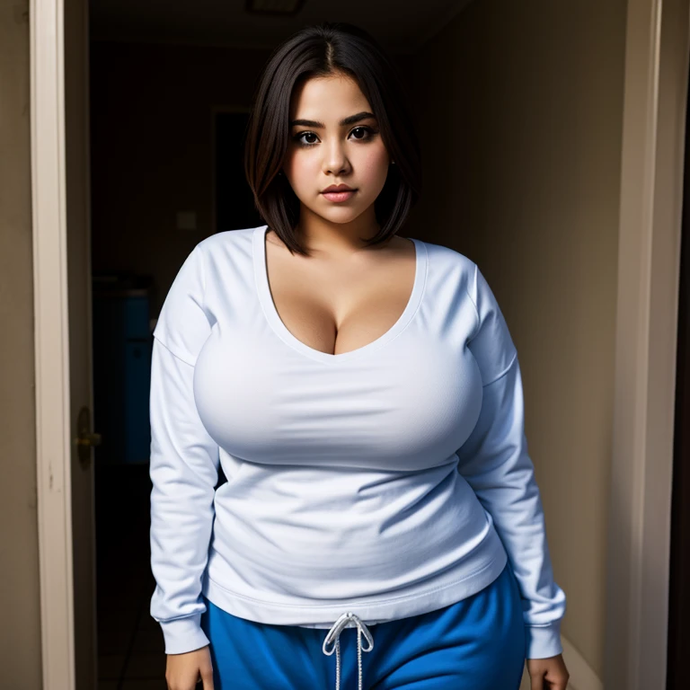 Solo, realistically detailed, cute busty Latina emo teen, short high volume hair, long sleeve v neck T-shirt with sweatpants, slightly chubby, voluptuous breasts with deep cleavage, full body close up photo, standing in a haunted school,