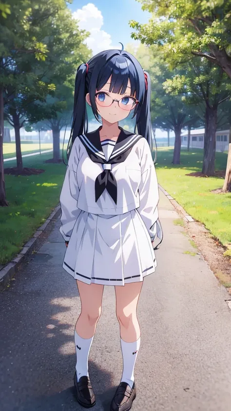 Anime girl standing with her arms folded behind her back　Twin tails　Glasses　White crew socks　Black loafers, black sailor suit　Blue Hair　smile　Leaning against a row of trees　8K resolution