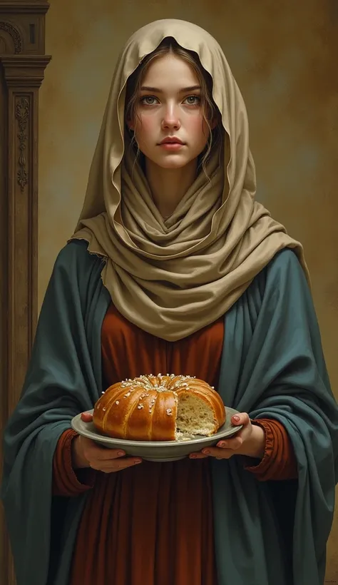 Beautiful portrait (sks people),Pure Virgin Mary, Jewish, Looking at the camera, Shy expression, cum in mouth, Reddish brown tunic, Blue-grey cloak, Beige veil, kitchen, Complex, elegant, Very detailed, DIGITAL PAINTING, Art Station, Concept Art, , Sharp f...