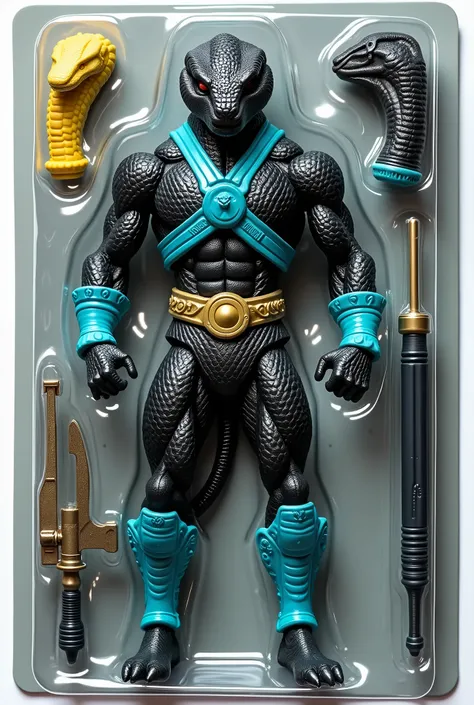 ilustración técnica de product nuevo packingtado, ultra detailed, extreme attention to detail. product/packing. Articulated action figure (plastic material) . Based on a black cobra with turquoise blue (can dress, front, knee pads, bracelets, or some other...