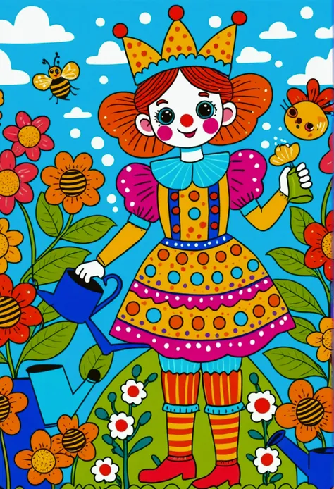 Cartoon clown queen watering flowers with watering can, Colorfull illustration, Color illustrations, Colorful book illustration, Full color illustrations, coronation of Flower Prince, bee，honeycomb，Coloring Pages, Drawn in a whimsical style, Color illustra...