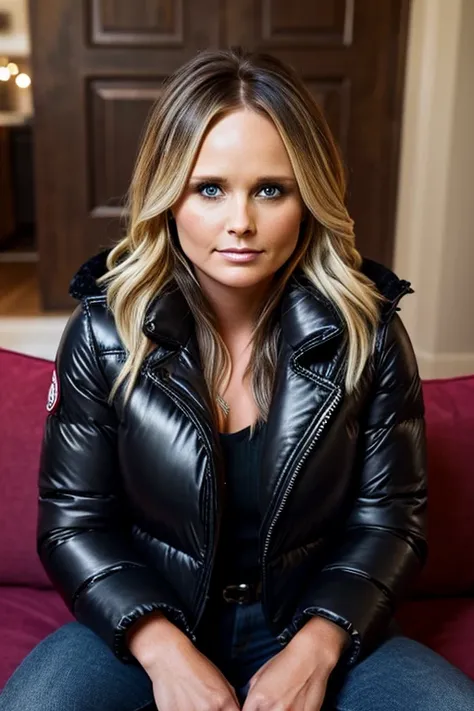 Miranda lambert, , 30 years old, milf, face portrait, long hair, wearing silky black tight leather puffer moncler jacket over sweater, chubby, cozy home