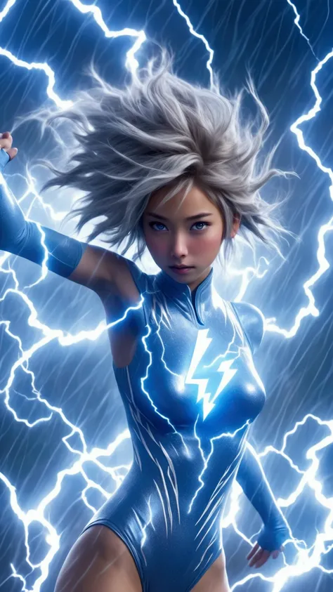 a cute yuna(portraying a lightning elemental, electricity dances on her light blue skin, bright eyes, electric hair, shimmering blue translucent leotard) dancing in a rainstorm
