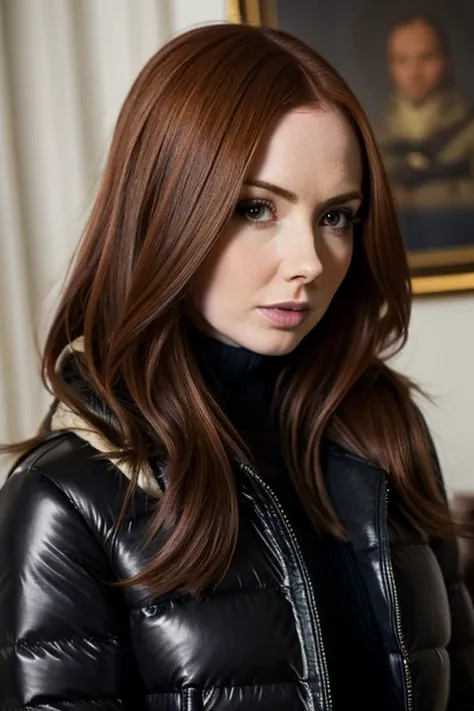 Karen gillan, , 30 years old, milf, face portrait, long hair, wearing silky black tight leather puffer moncler jacket over sweater, chubby, cozy home