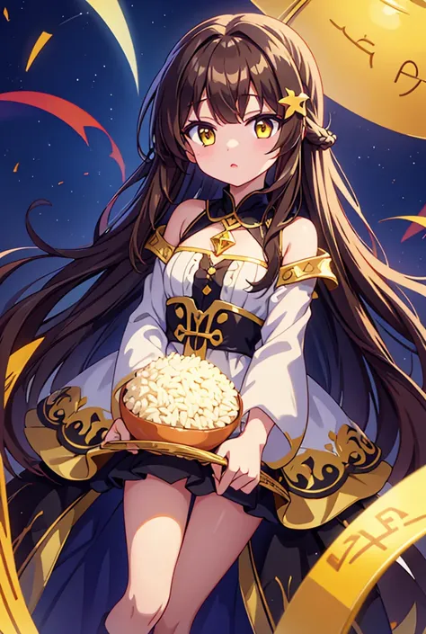 1 , long hair</input></xml>, Brown hair, Stuck on both sides, Split bangs, Rice, yellow eyes, Jewel, hair ornament, 