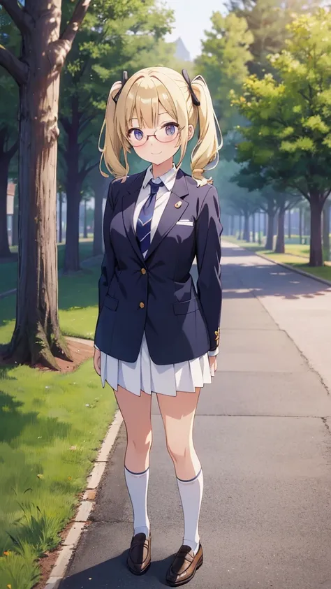 Anime girl standing with her arms folded behind her back　Twin tails　Glasses　White crew socks　Black loafers and blazer uniform　tie　Blonde　smile　Leaning against a row of trees　8K resolution