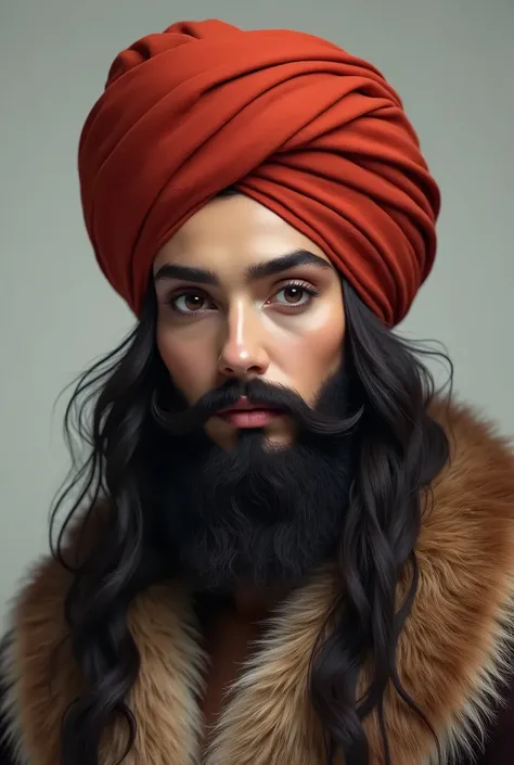 Ultra-Realistic precision portrait, a young sikh woman with a natural beard and moustache, hair is covered with turban, woman wearing a turban, with beautiful eyes, beautiful natural long beard and moustache, wearing a full massive animal fur coat, beautif...