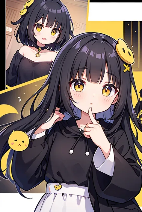 1 , black hair, straight bangs, Rice, yellow eyes, Heart shaped hair ornament, 