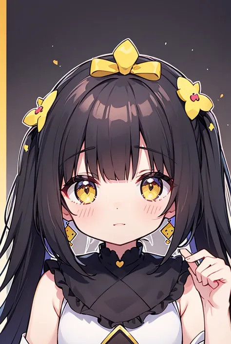 1 , black hair, straight bangs, Rice, yellow eyes, Heart shaped hair ornament, 