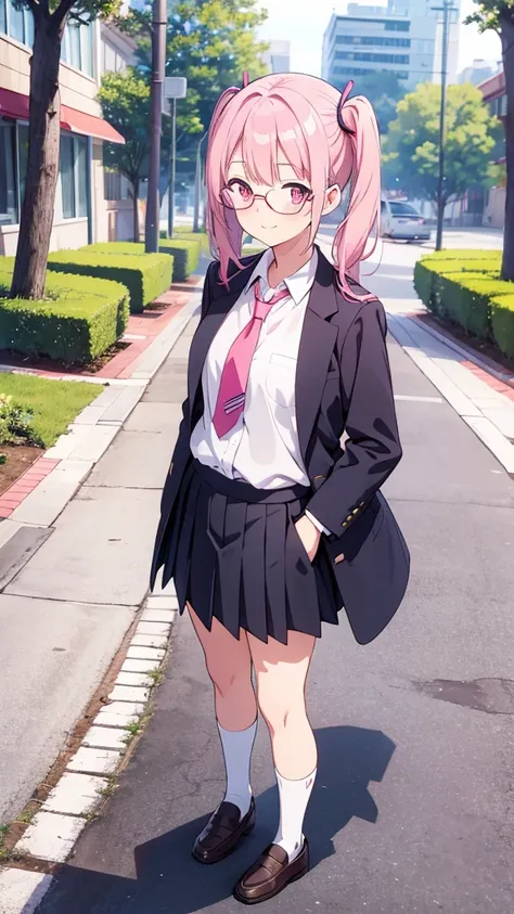 Anime girl standing with her arms folded behind her back　Twin tails　Glasses　White crew socks　Black loafers and blazer uniform　tie　Pink Hair　smile　Leaning against a row of trees　8K resolution