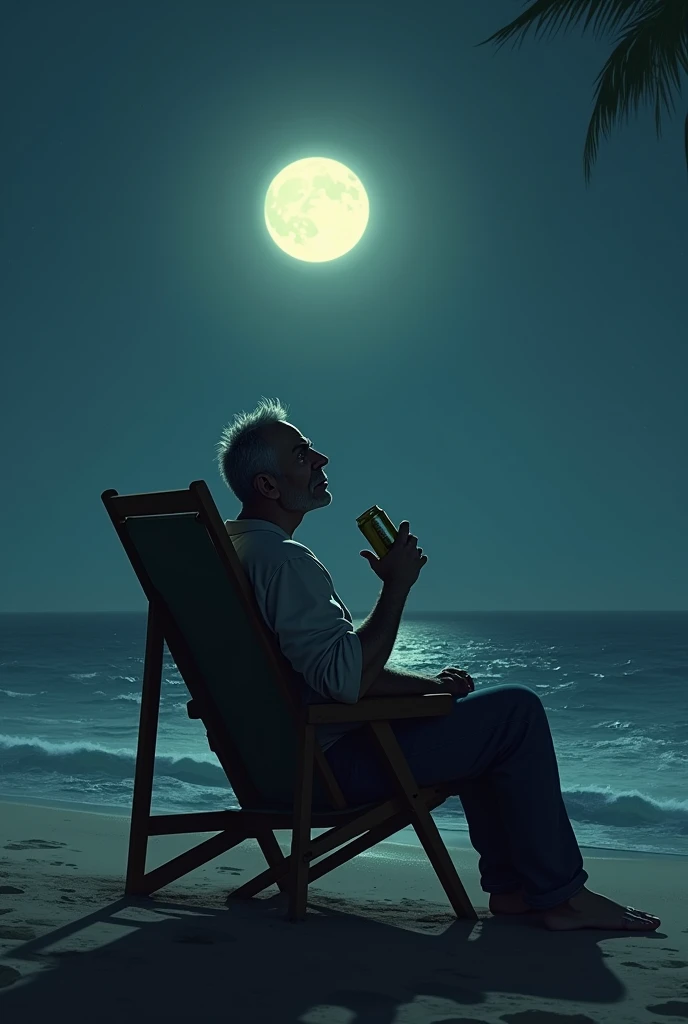 Rommer Simpson sitting on a beach chain by the sea drinking beer and depressed looking at the full moon