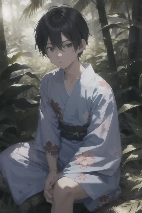 Inside the scene，The boy was wearing a yukata in the forest at night.。
Shot of：Close-up explanation：The protagonist is sitting alone at the base of a tree.，I bowed my head a little.，expression is sad、Knees up