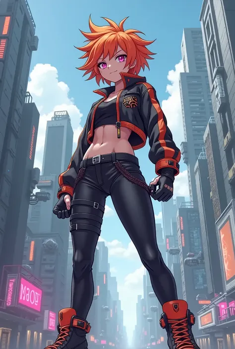 adult anime female with high top sneakers in a futuristic city. pink eyes, short wild orange hair with a in a fighting stance