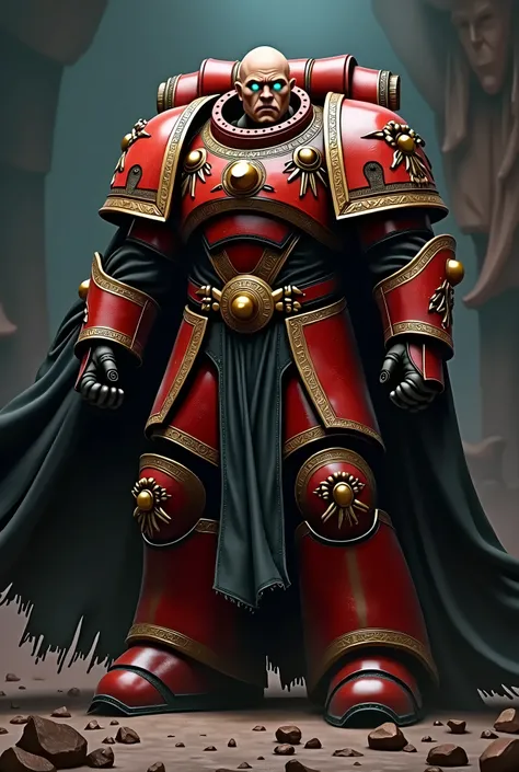 warhammer 40K, space marine, cowboy shot, full armor, red armor, dark armor gold accents, blue eyes, intimidating, black cape Anatomically Correct, Masterpiece, High Details, Depth Of Field, Backlighting, 