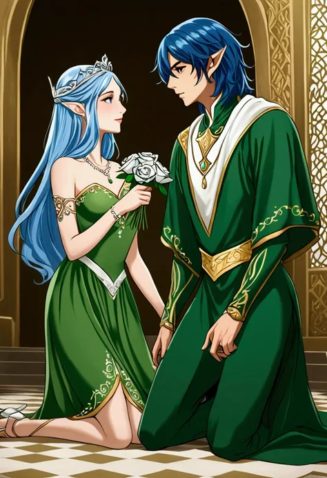 Boy kneeling down asking an elf woman to marry him, commoner boy short blue hair holding white rose, tall dark elf woman wearing green and gold dress with a silver tiara.