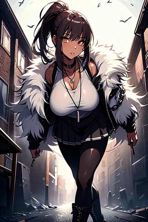 A woman, Leggings, pleated skirt, sports top, high ponytail, high boots, long fur jacket, On a foggy moonlit night in a ghost town., detailed face, Hyper-detailed eyes, Detailed lips, , with a metal chain necklace around the neck, Line drawing