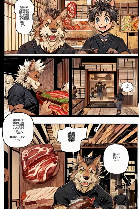 Conversation scene,comics、Japanese Manga、 The scene where they talk about meat、Comical werewolf in a long-sleeved black shirt、Right in front of you、A delicious looking cartoon of meat appears、Happy Face、smile、cute、Use colors to draw the meat