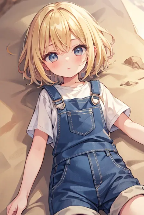 cute girl, Girl lying down in the desert, Her hair is short, blonde hair, short overalls, barefoot.