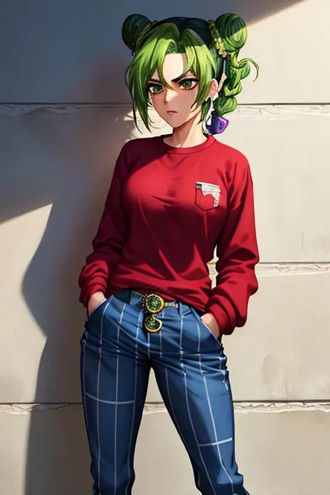 Jolyne Kujo,fully incorporated into the style of the anime Jojo,wears a blank expression hypnotized by you  ( mental domination ) with her short curly hair and piercing green eyes. Her prison uniform, adorned with red stripes, clings to her slender figure ...