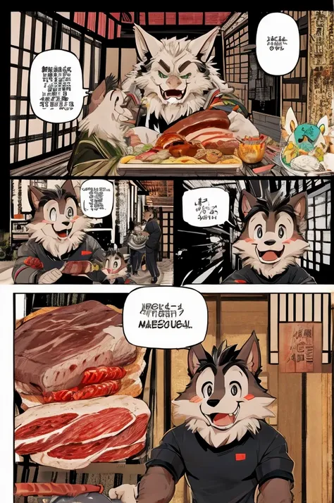 Conversation scene,comics、Japanese Manga、 The scene where they talk about meat、Comical werewolf in a long-sleeved black shirt、Right in front of you、A delicious looking cartoon of meat appears、Happy Face、smile、cute、Use colors to draw the meat