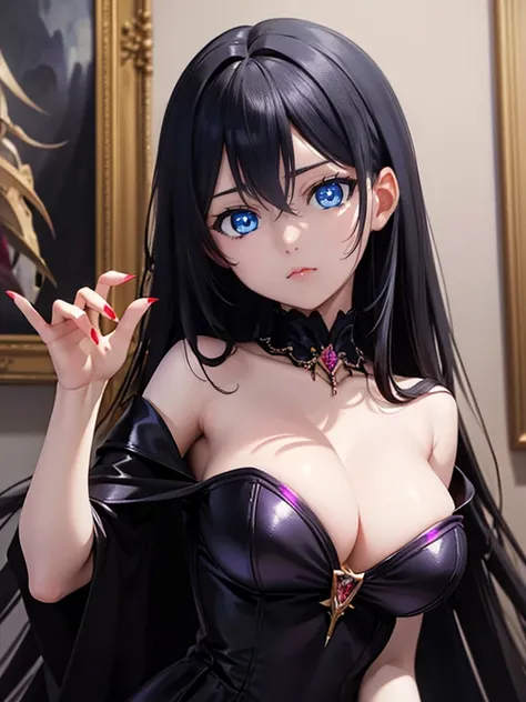 vampire girl, black hair, evil smile, (shows vampire fangs) long hair, cleavage purple dress, yellow eyes, bright yellow eyes beautiful eyes, Beautiful Eyes, close up, detailed eyes, red lips, very white skin, Resolution Ultra High, High Contrast, (Masterp...