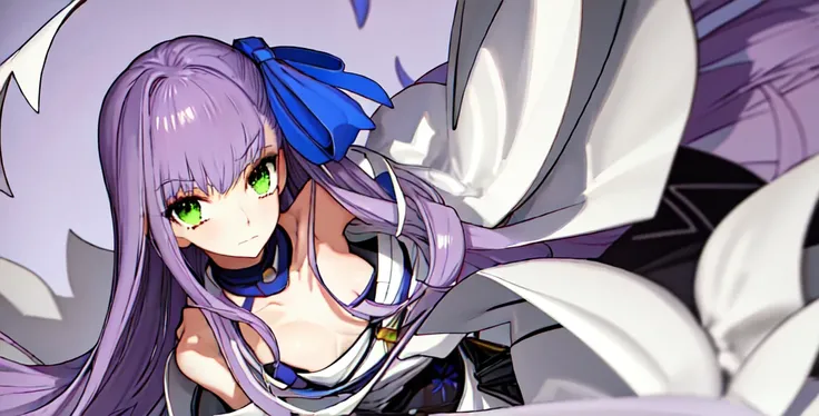 Best Quality, masterpieceHigh resolution, Alone, {White kimono:1.35}, {Red too:1.35}, {wide sleeves:1.20}, {Meltryllis_fgo:1.15}, length_hair, purple_hair, green_eye, 前hair, ribbonhair_ribbonVery_length_hair, chest, green_ribbon small_chest, , clavicle,One...