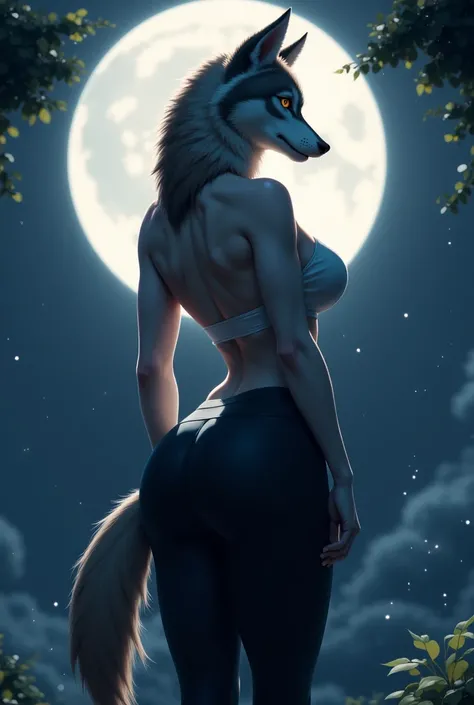 a furry wolf with small waist and wide hips, furry body, wolf body, masterpiece, best quality, night moon, wearing leggings and blouse