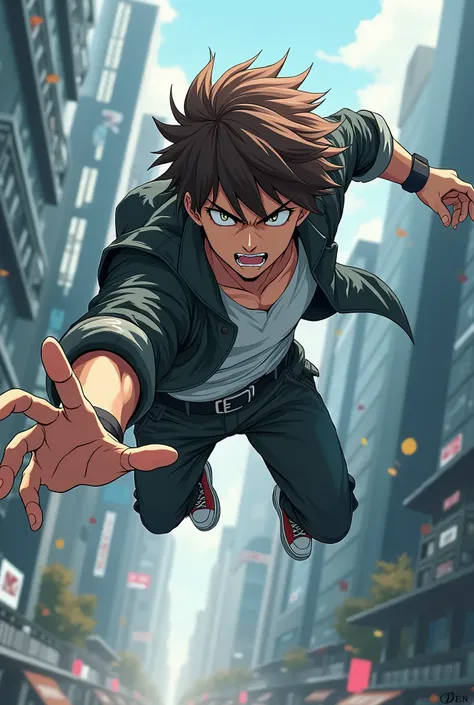 adult anime male with high top sneakers in a futuristic city. silver eyes, short wild brown hair controling wind, angry, flying 