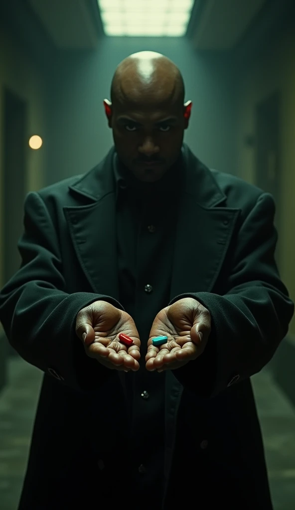 Morpheus from Matrix offering me a red pill and a blue pill , he is black