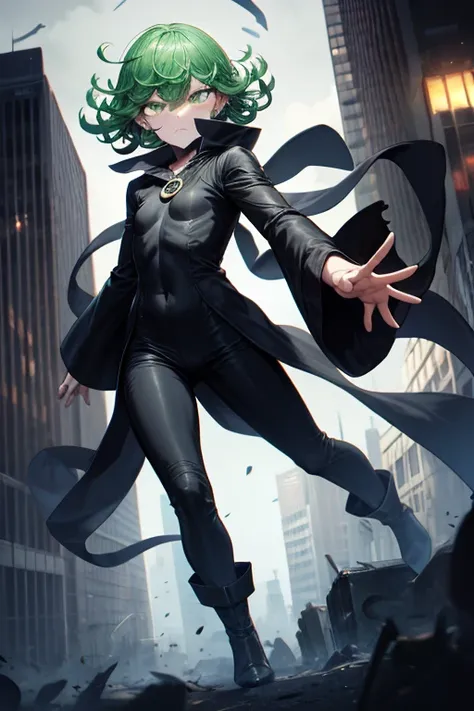 Masterpiece, best quality, ultra detailed, illustration, lighting epic, cinematic composition, 1 girl, Tatsumaki, short hair, green hair, very small breasts, green eyes, bright eyes, blushing, closed mouth, piercing gaze, full body, black scarf, bandage co...