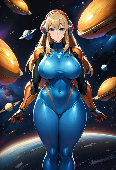 Samus Aran, large breast, zero suit, tight vynil wear, sfw, suit, full body suit, space background, thick thighs:1.6,