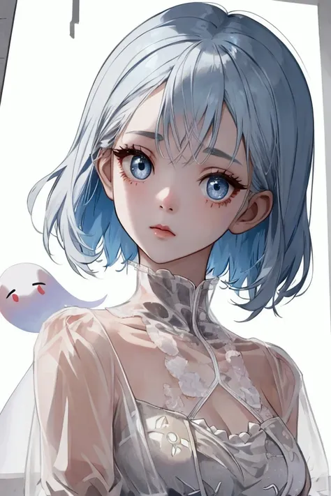 ghost girl with half transparent body half torn dress short hair at cheek level big eyes