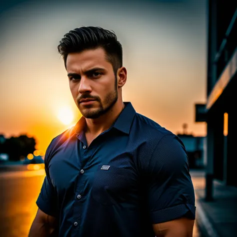 1man, A lateral medium shot of a charismatic male fitness model, 30 years old，small beard, upset expression，gloomy eyes，Blue eyes, captured in a street, wearing a shirt, blak pants, golden hour lighting, cinematic and moody, (best quality,4k,8k,highres,mas...