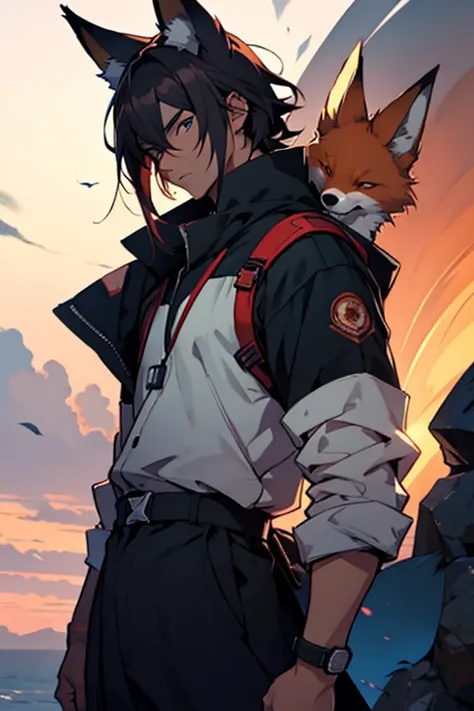 young anime male character with fox mask looking at horizon with dark color palette in image 