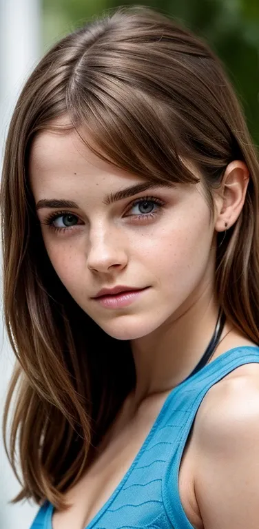 Emma Watson, young woman,  of age, straight light brown hair, rounded face, small round blue eyes, physical fitness of the body