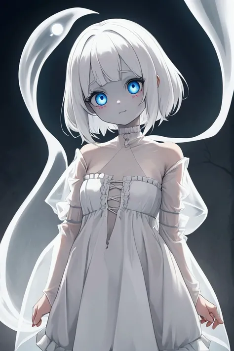 ghost girl with her half-transparent skin, half-torn dress, short hair at cheek level and big eyes.