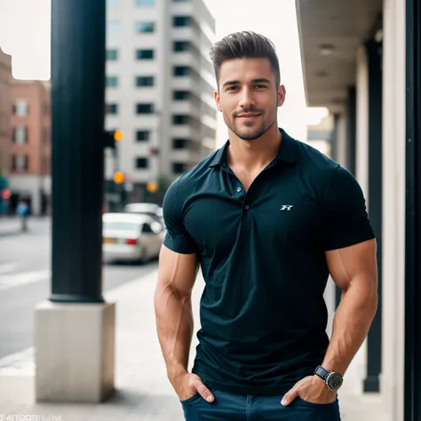 1man, A close medium shot of a charismatic male fitness model, 30 years old，small beard, smiling slightly expression，gloomy eyes，Blue eyes, captured in a street, wearing a shirt, blak pants, natural lighting, cinematic and moody, (best quality,4k,8k,highre...