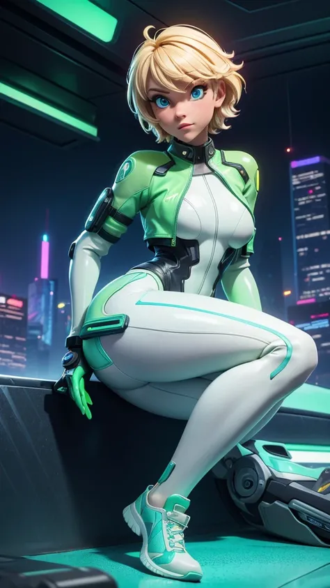 1girl, solo, cyberpunk city night background,   wattson, masterpiece, highly detailed, blue eyes, blonde hair, short hair, Fluorescent green jacket, Rubber Gloss, white rubber skinsuit, Yellow shoes,  white pants,  lying on her side, propped up slightly on...