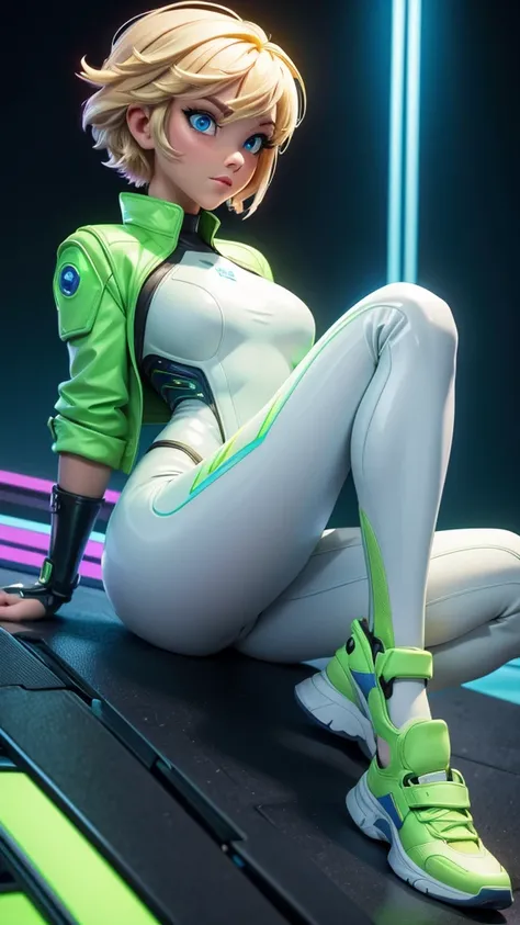 1girl, solo, cyberpunk city night background,   wattson, masterpiece, highly detailed, blue eyes, blonde hair, short hair, Fluorescent green jacket, Rubber Gloss, white rubber skinsuit, Yellow shoes,  white pants,  lying on her side, propped up slightly on...