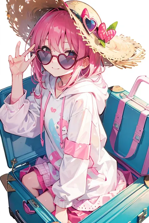 trip、Suitcases、Heart sunglasses with pink tint、Stylish、hoodie、An innocent smile that still retains a hint of childhood、summer、Straw hat、Sunglasses on your head、Dazzlingly、